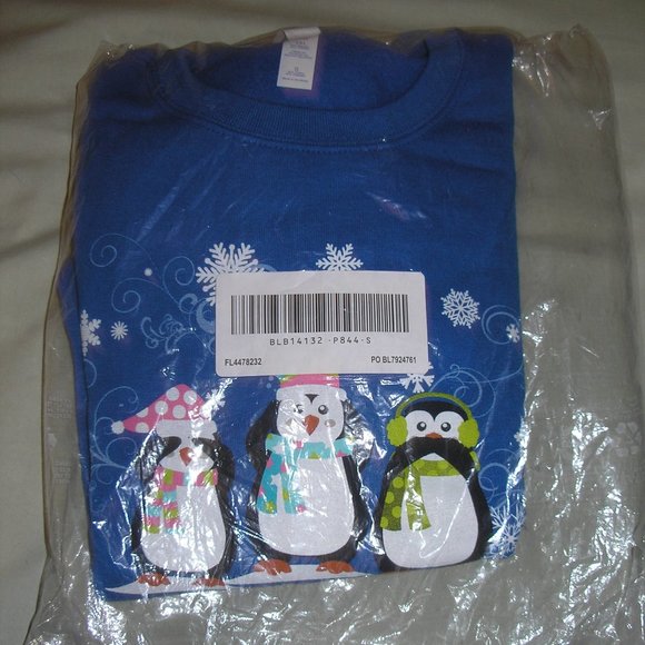 New Women's Small Jerzees Blue Fleece Sweatshirt Screen Printed Penguins - Picture 11 of 13